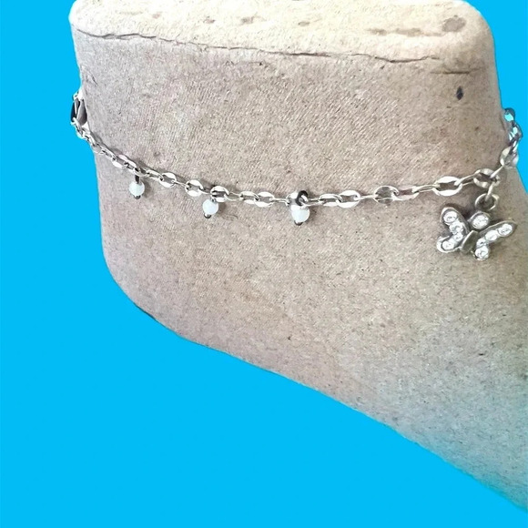 Brighton Butterfly Ankle Bracelet.  Small beads.  Silver plated. - Picture 1 of 4